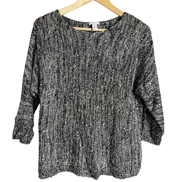 Chico’s Metallic Gray Sequined Knit 3/4 Sleeve Pullover Sweater Size 8 - Picture 1 of 9